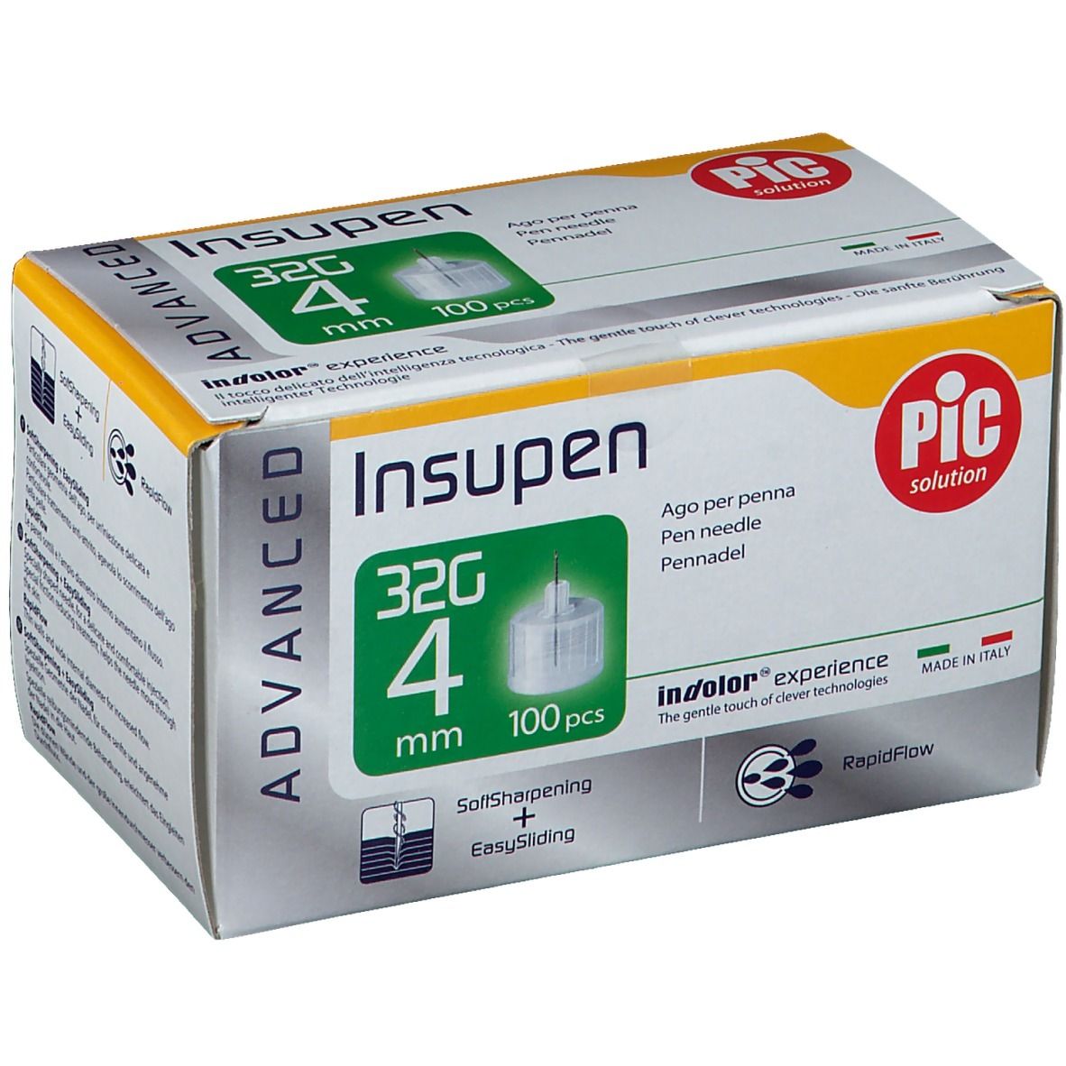 Pic Solution Insupen Advanced Pen Needle Insulīna Injektora Adatas - 32G, 4 mm - 100 gab