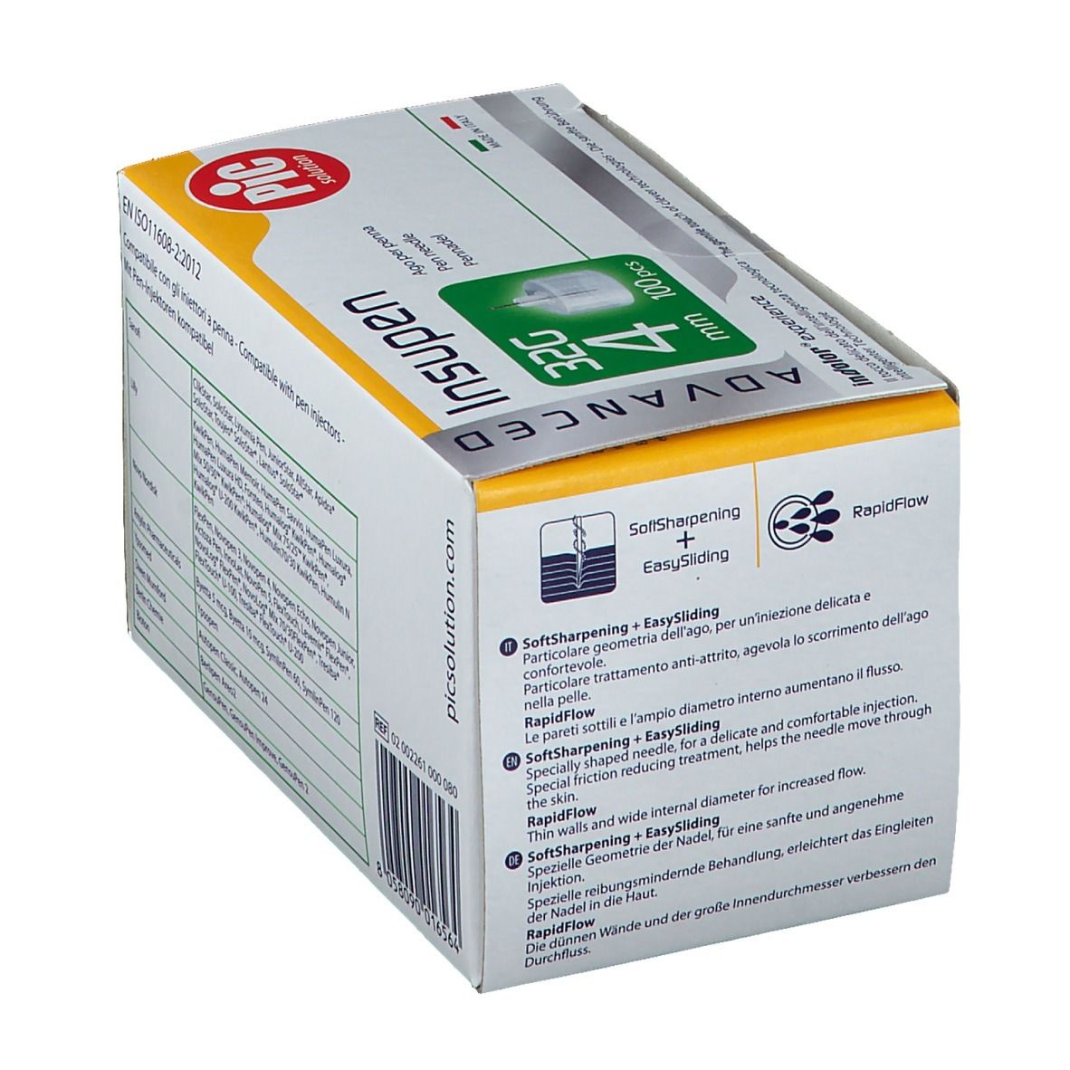 Pic Solution Insupen Advanced Pen Needle Insulīna Injektora Adatas - 32G, 4 mm - 100 gab