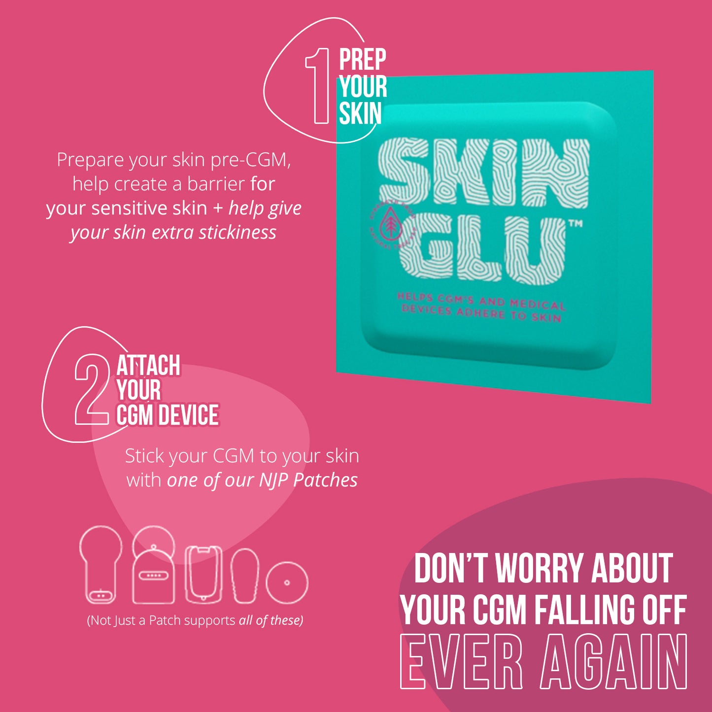 Skin Glu - līdzeklis ādas aizsardzībai un CGM sensoru noturībai - Not Just a Patch - mitrās salvetes - 40 gab